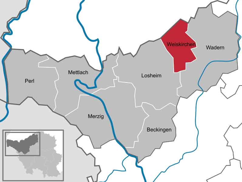 Mapa 3: Weiskirchen e cidades vizinhas, que fazem parte Distrito (Landkreis) de Merzig-Wadern, no Saarland